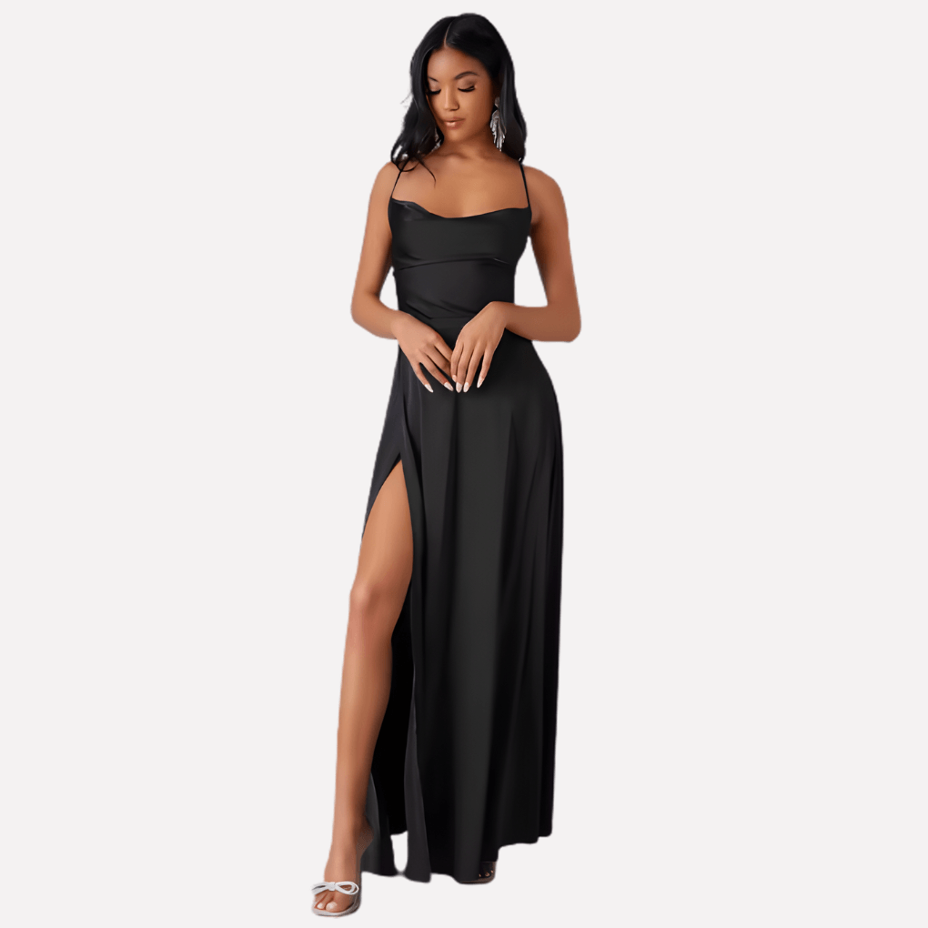 Rückenfreies Satin-Maxikleid für Damen mit Hohem Seitenschlitz für den Herbst