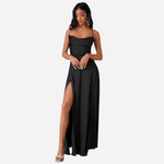Rückenfreies Satin-Maxikleid für Damen mit Hohem Seitenschlitz für den Herbst