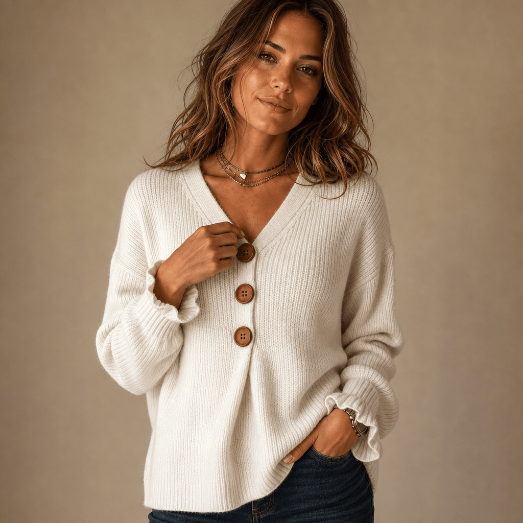 Damen V-Ausschnitt Strickpullover mit Knopfleiste und Rippstruktur