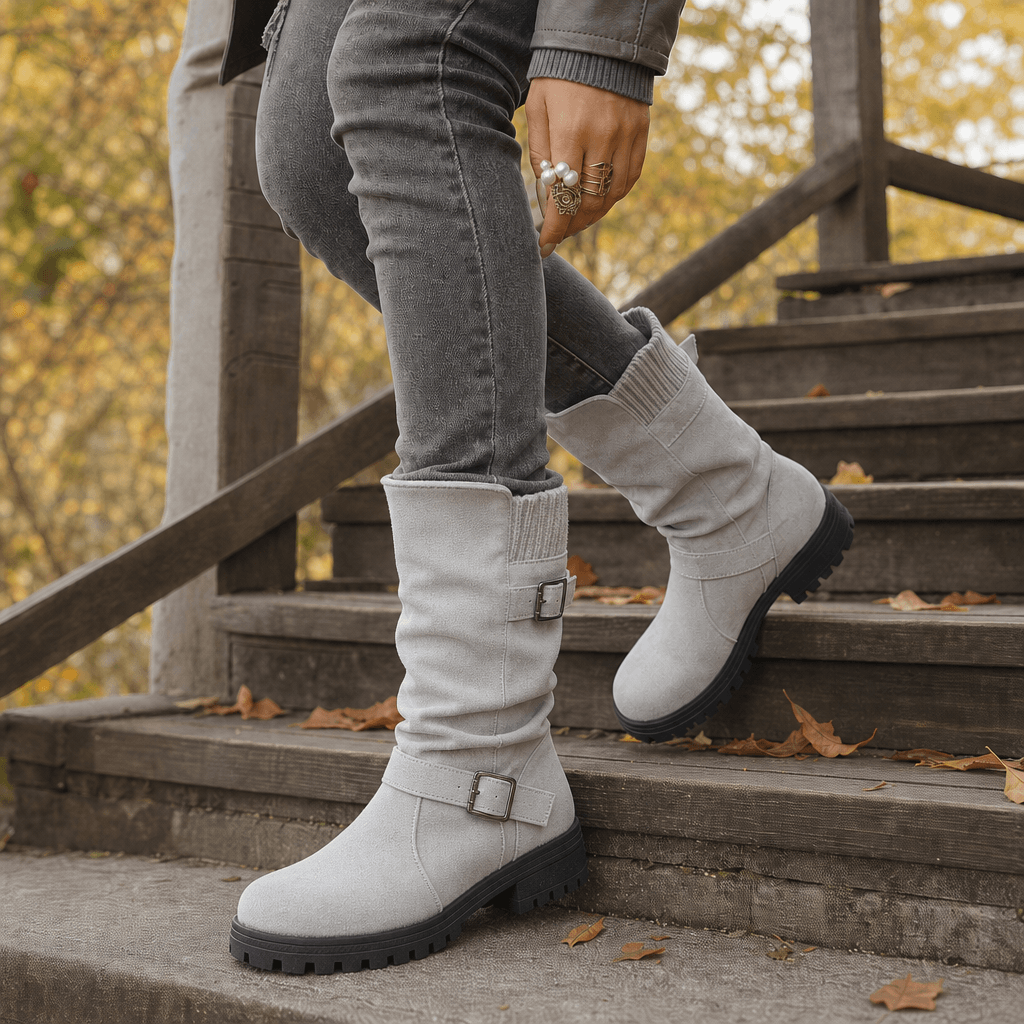 Damen Winterstiefel aus Veloursleder mit Strickbündchen und Profilsohle im Slouch-Design