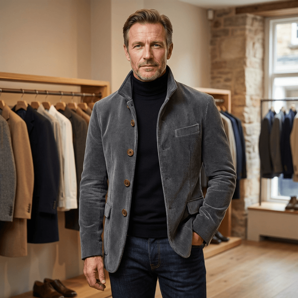 Herren Cordsakko mit Stehkragen und Knopfleiste