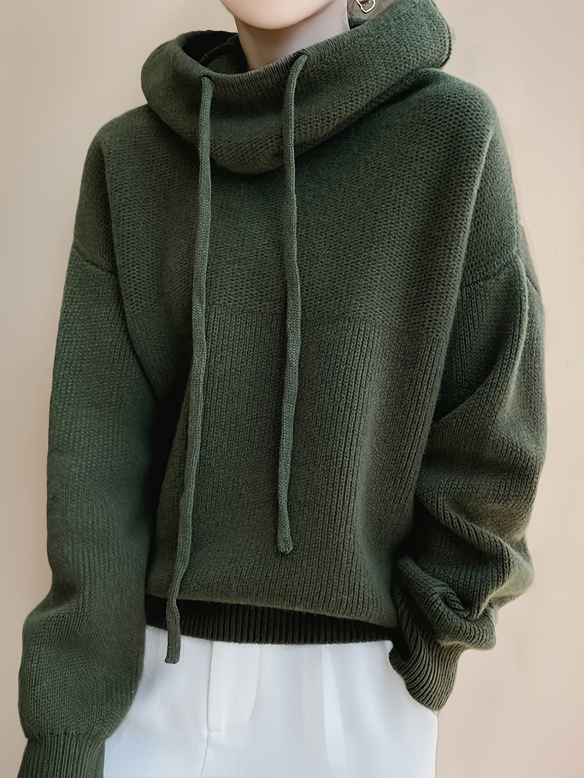 Oversize Strick-Kapuzenpullover Damen mit Kordelzug und Rippbündchen