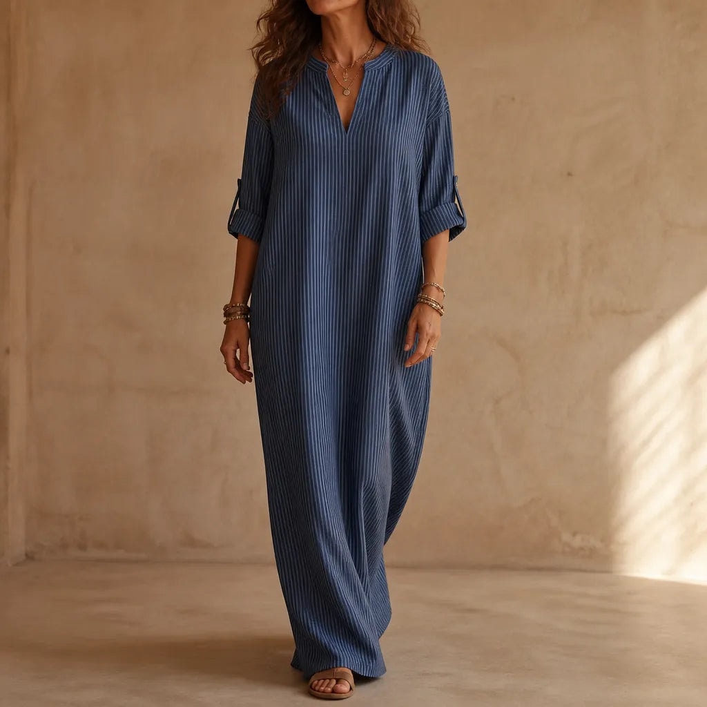 Gestreiftes Boho V-Ausschnitt Maxikleid mit Taschen und Langarm