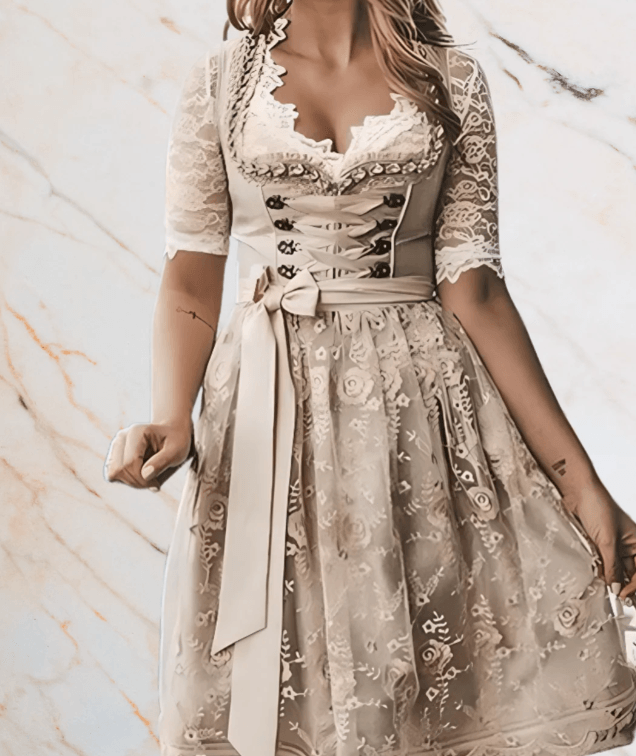 Beige Spitzendirndl mit Schnürung und Schürze für Damen Trachtenmode Oktoberfest