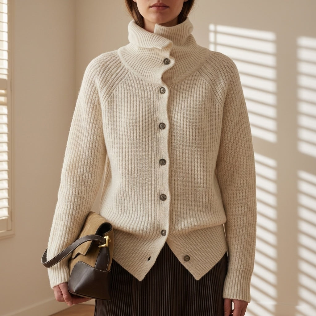 Antiparos Wollstrickjacke mit Wasserfallkragen und Knopfleiste für Damen