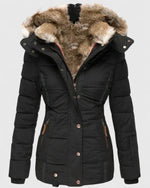 Gefütterte Damen Steppjacke mit Kapuze und Kunstfellkragen