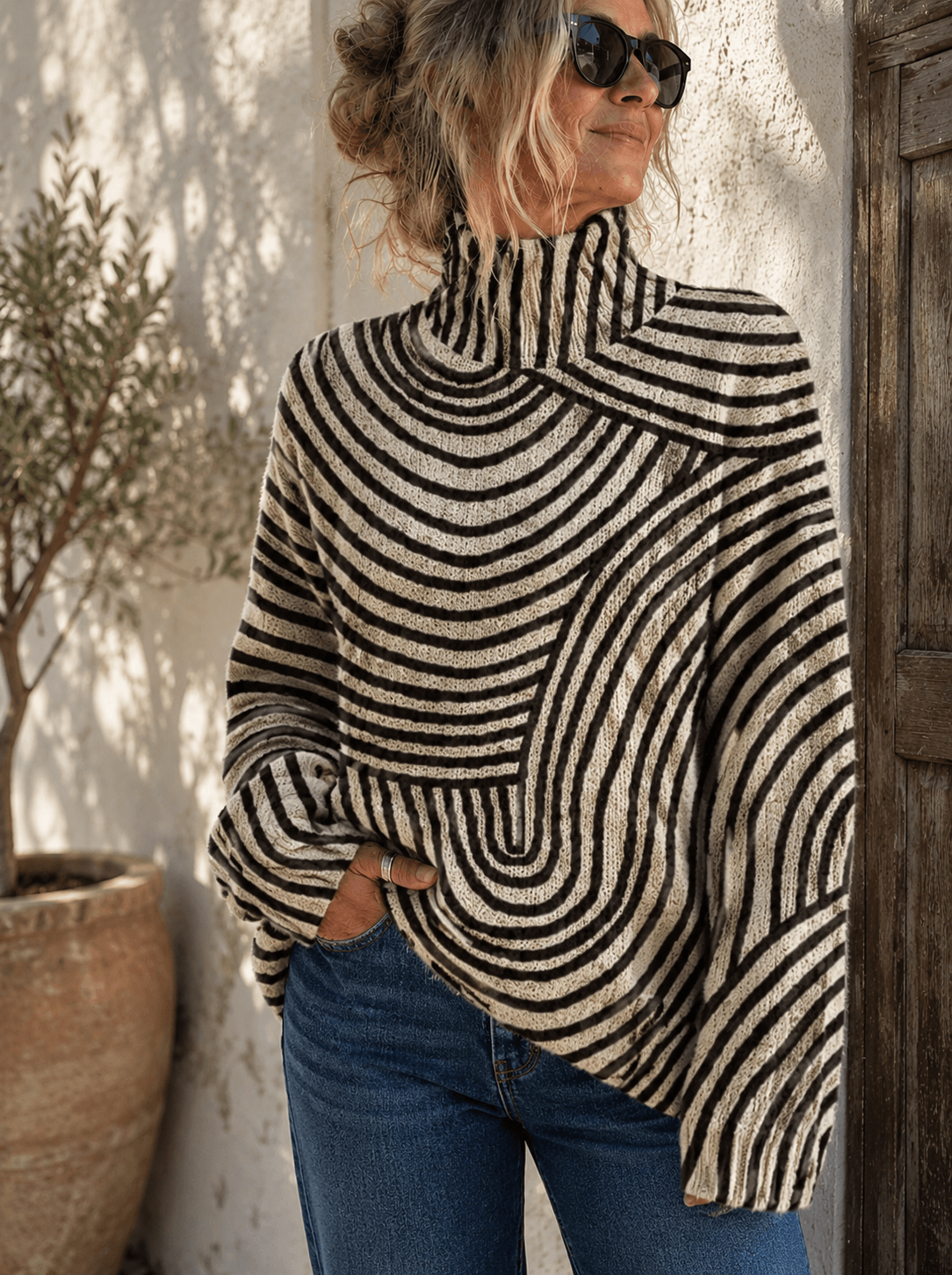 Damen Rollkragen Wollpullover mit Grafischem Streifenmuster