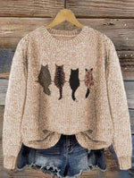 Grobstrick Rundhals Damenpullover mit Katzen-Motiv und Rippbündchen