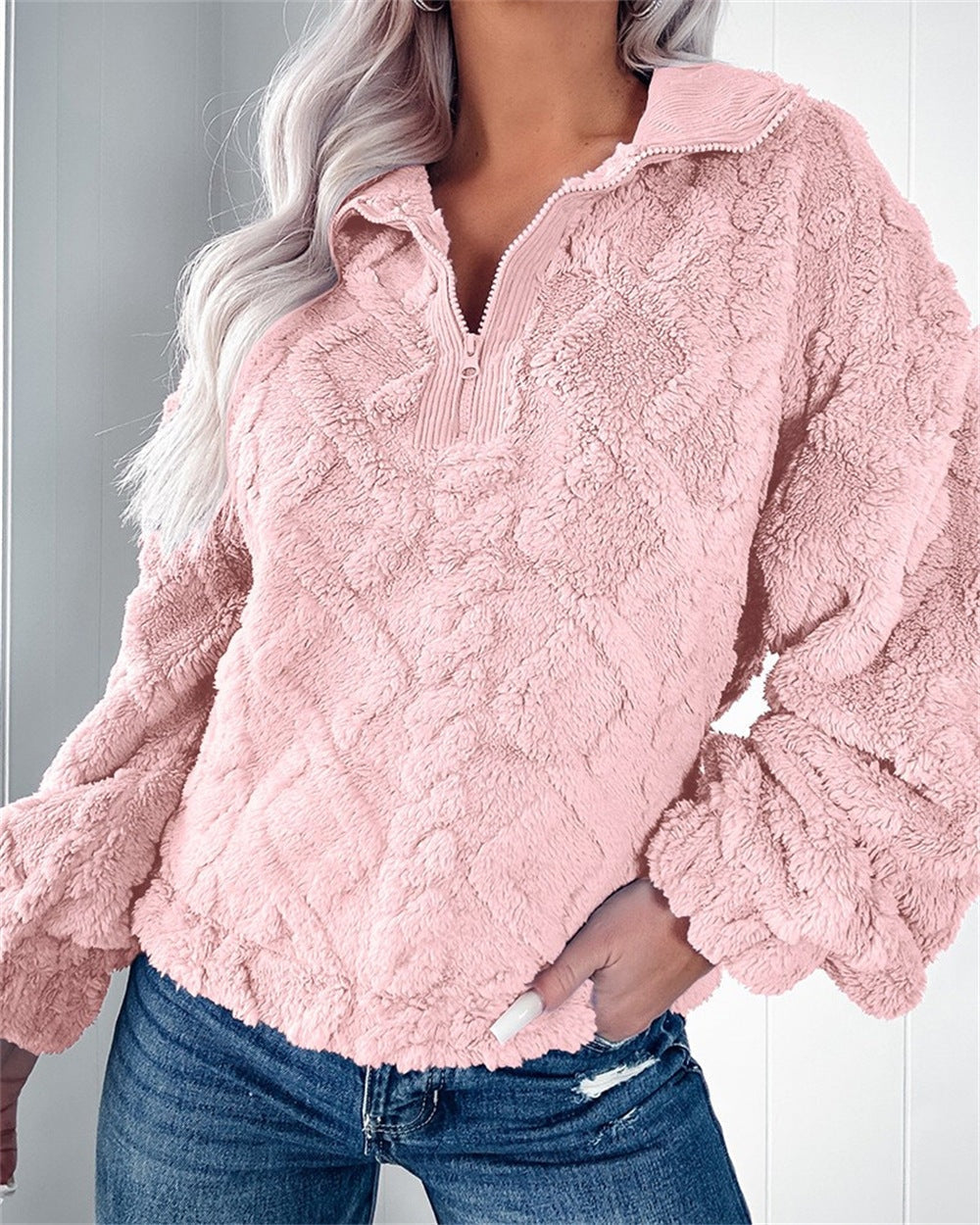 Damen Fleece-Pullover mit Stehkragen und Struktur-Optik
