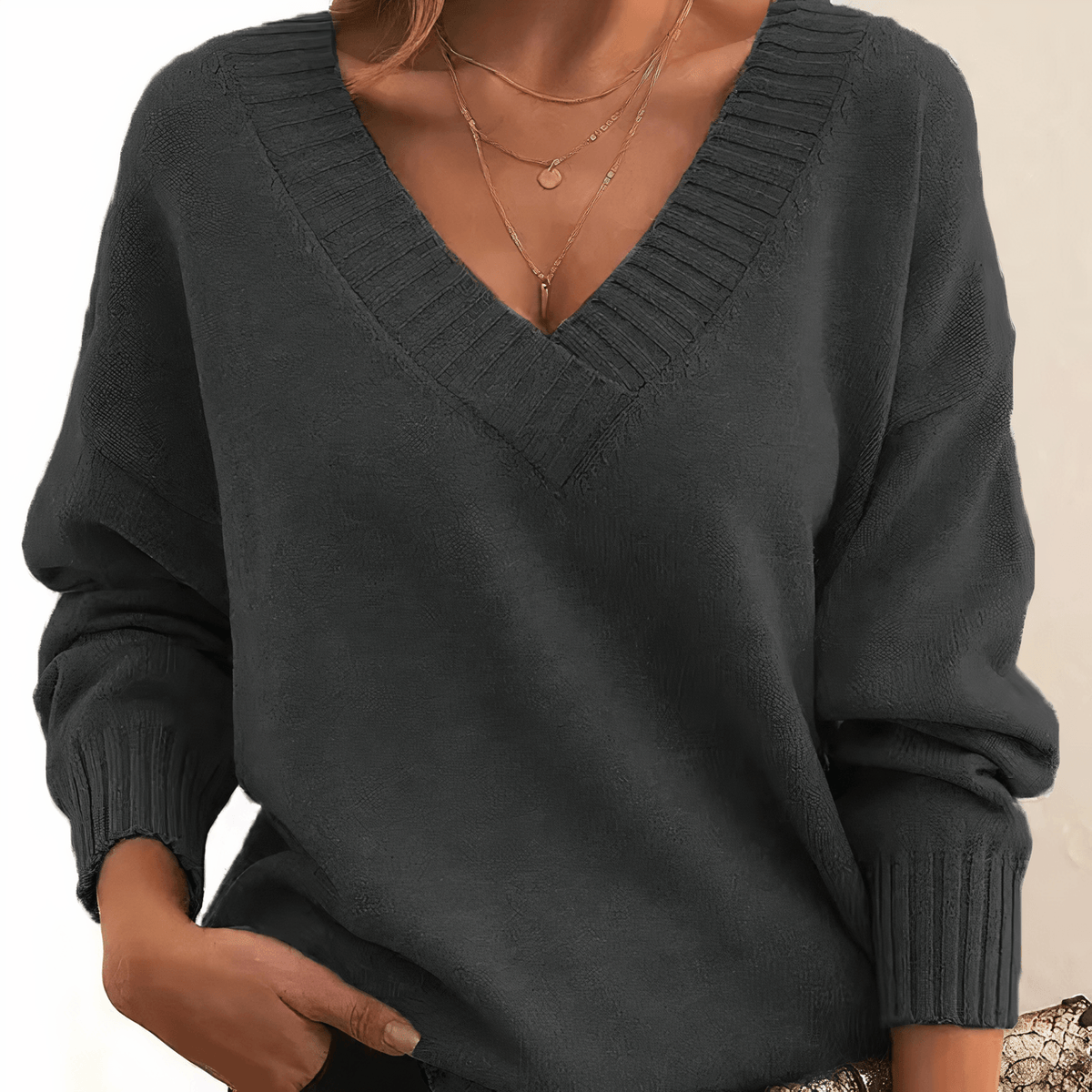 Solveig Kaschmir-Damenpullover mit V-Ausschnitt und langen Ärmeln