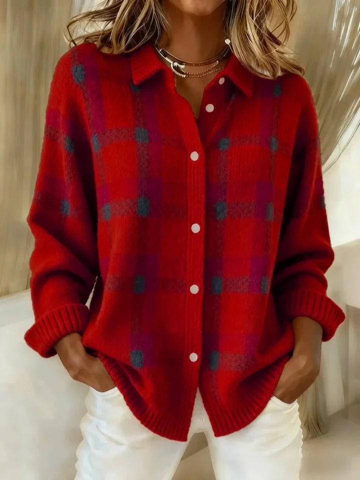 Damen Karierter Strickpullover mit Knopfleiste und Kragen