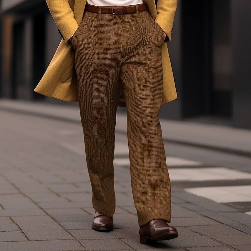 Herren Karo-Stoffhose mit geradem Bein und Bundfalte