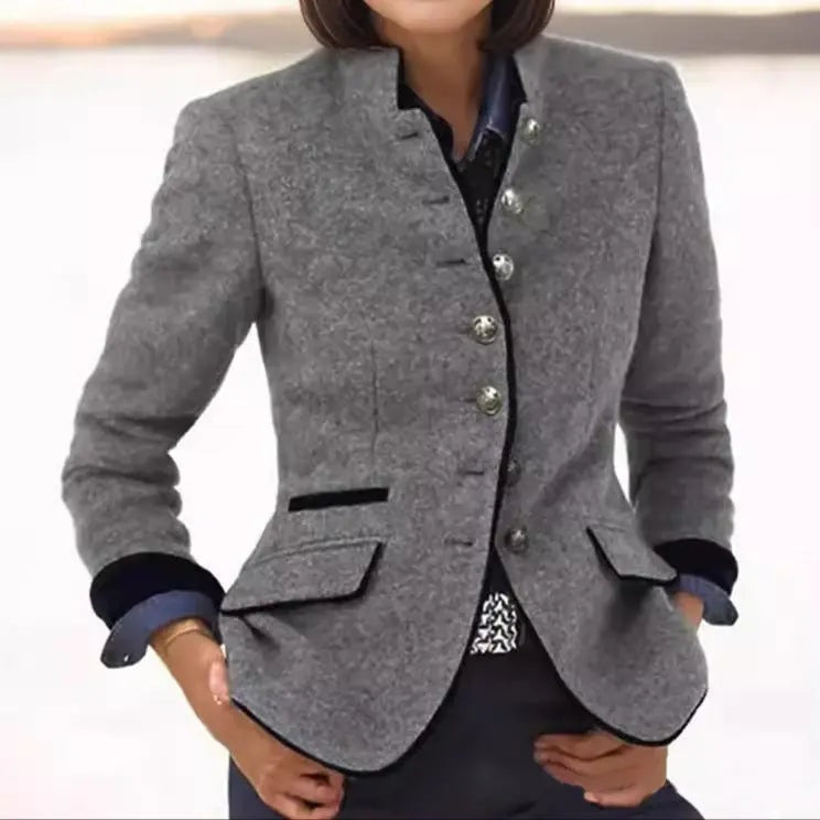 Wollblazer mit Stehkragen und Kontrastpaspel für Damen