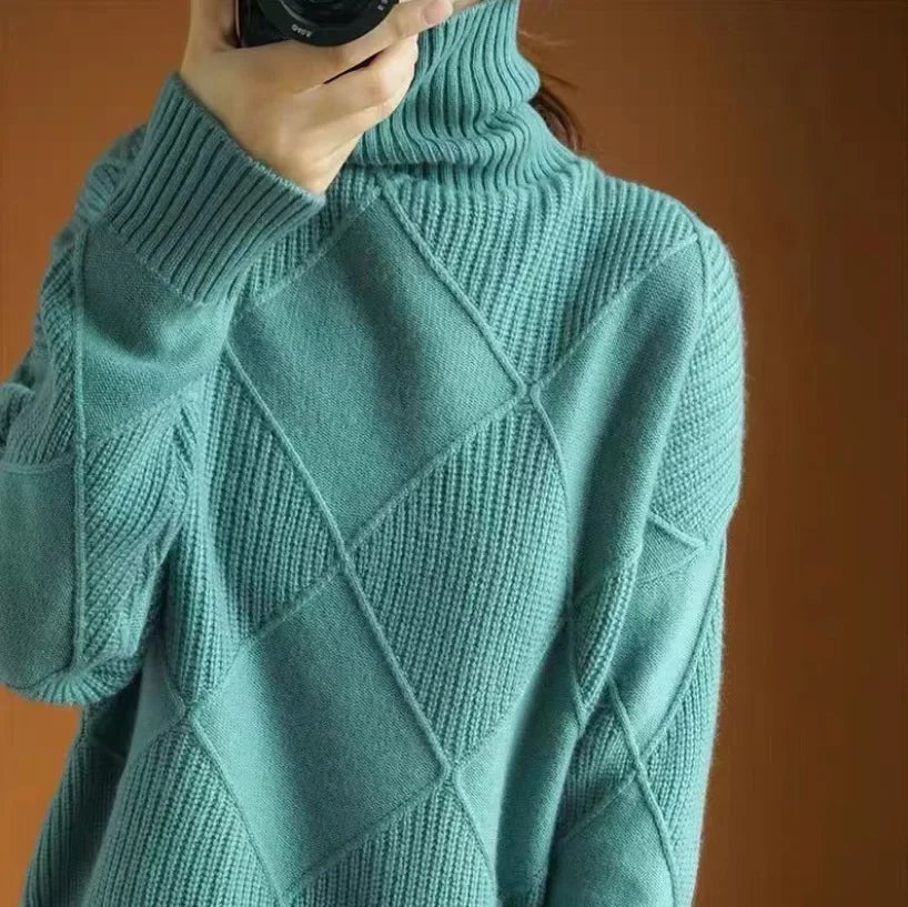 Rollkragenpullover Damen Baumwolle mit Rautenstrickmuster und Taillierter Passform