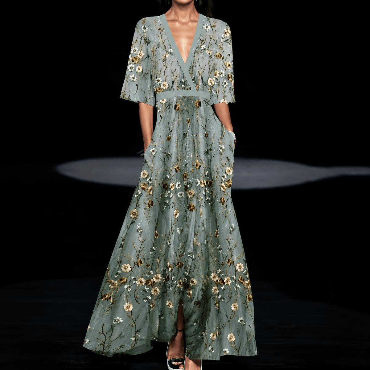 Elegantes Maxikleid mit V-Ausschnitt und Beinschlitz für den Herbst