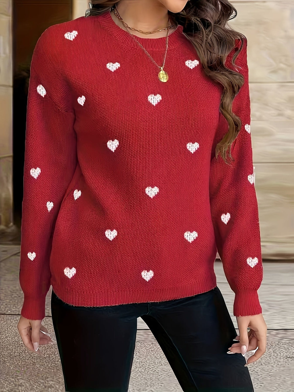 Herzmuster Strickpullover mit Rundhalsausschnitt für Damen