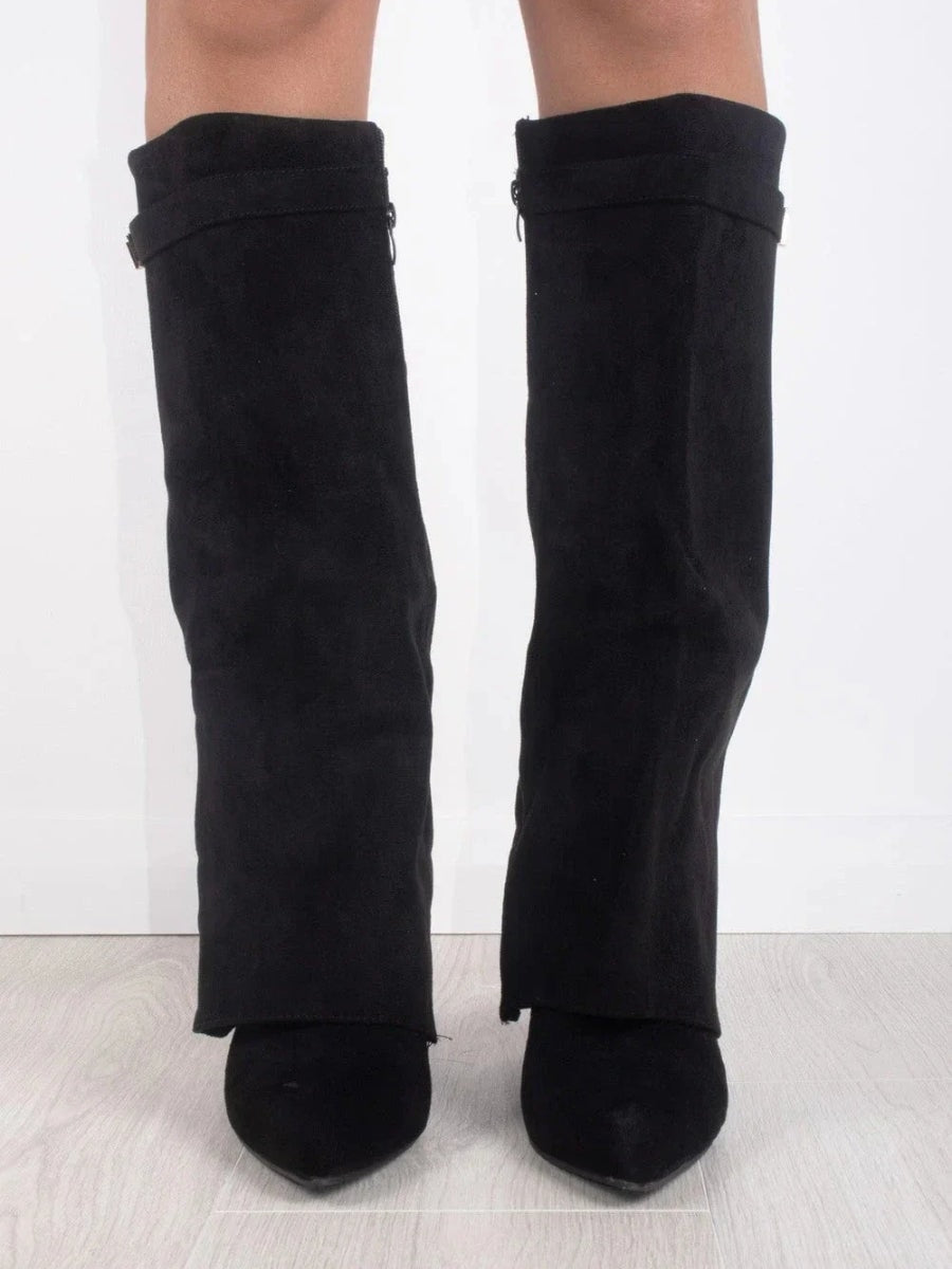 Damen Winterstiefel aus Wildleder mit Umschlag-Schaft und Blockabsatz