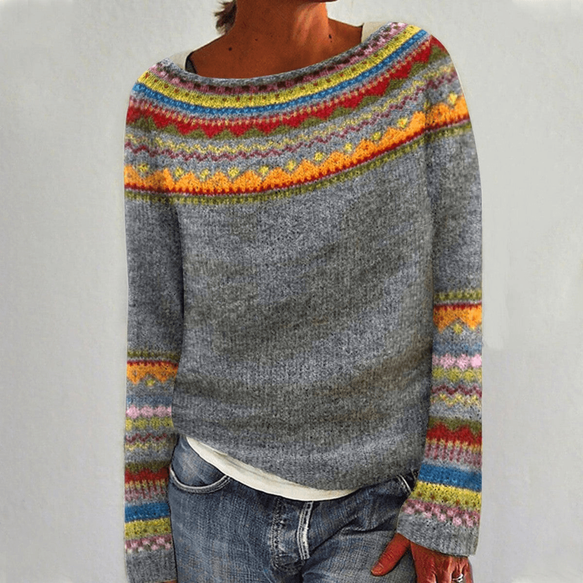 Norweger Pullover Damen mit Fair Isle Muster und Rundhalsausschnitt
