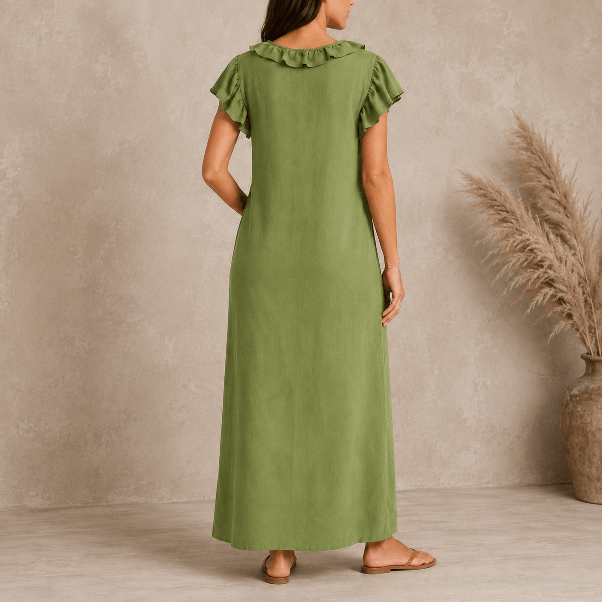 Rüschen-Maxikleid mit V-Ausschnitt und Taschen für Damen