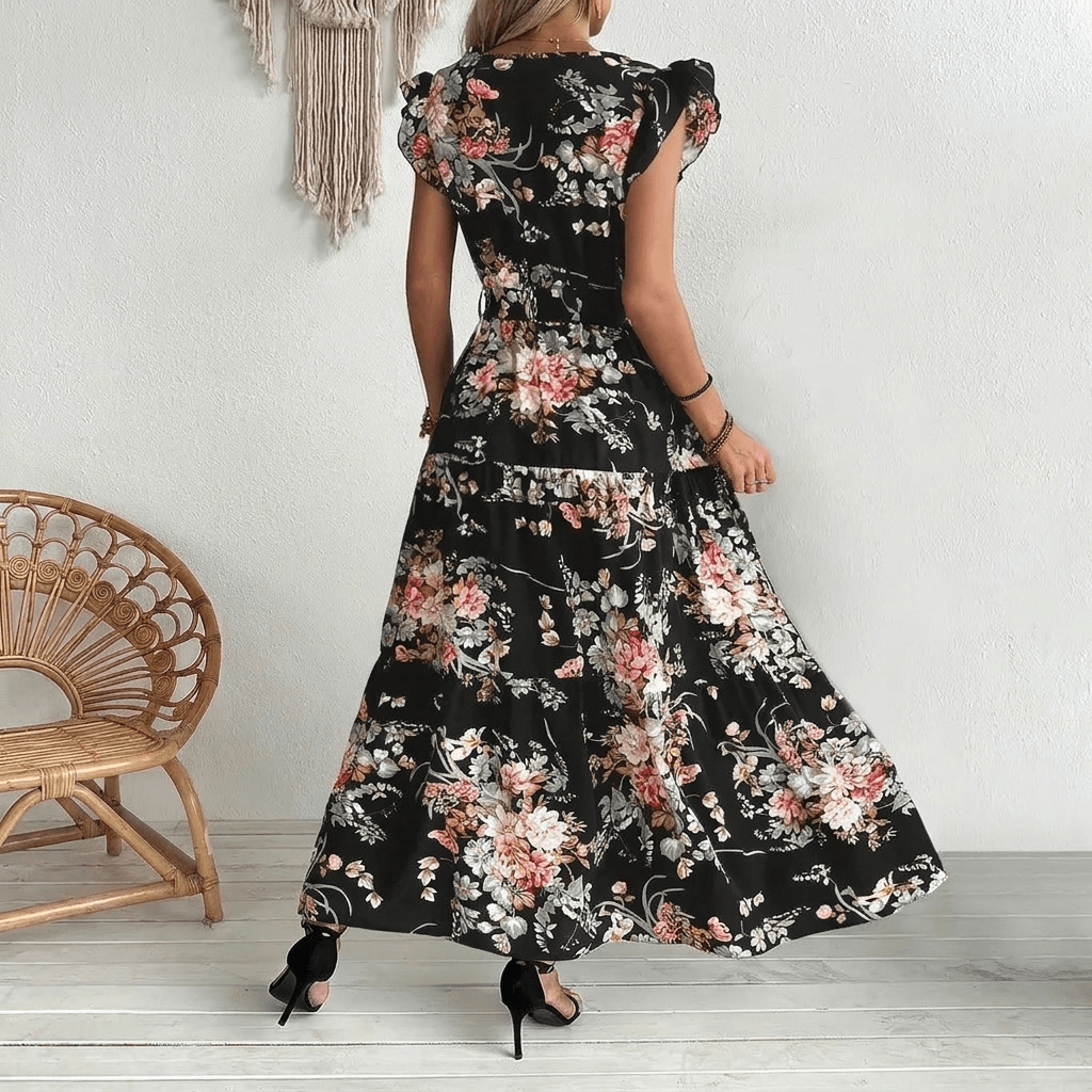 Geblümtes Wickel-Maxikleid mit Rüschenärmeln für den Herbst