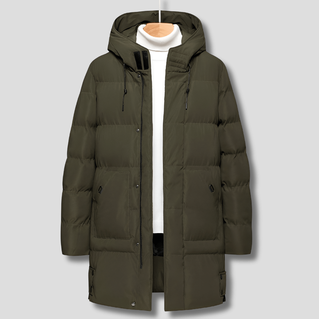 Lange gesteppte Herrenjacke mit Kapuze im Parka-Stil aus Polyester