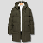 Lange gesteppte Herrenjacke mit Kapuze im Parka-Stil aus Polyester