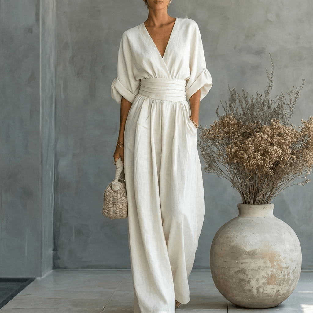 Eleganter Jumpsuit mit V-Ausschnitt und weitem Bein für den Herbst