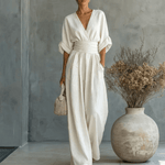 Eleganter Jumpsuit mit V-Ausschnitt und weitem Bein für den Herbst