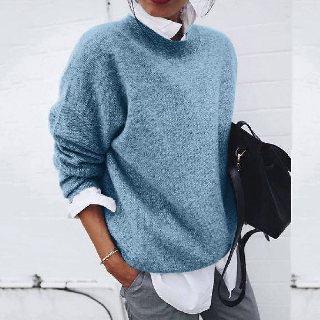 Langer Rundhals Strickpullover für Damen mit lockerer Passform
