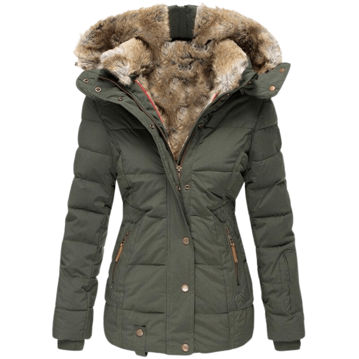 Schlank geschnittene Damen-Winterjacke mit Kunstfellkapuze und Kunstfellfutter