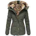 Schlank geschnittene Damen-Winterjacke mit Kunstfellkapuze und Kunstfellfutter