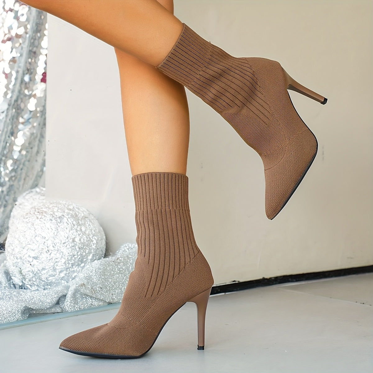 Damen Stiefeletten mit spitzer Zehe und Stiletto-Absatz aus Strickmaterial