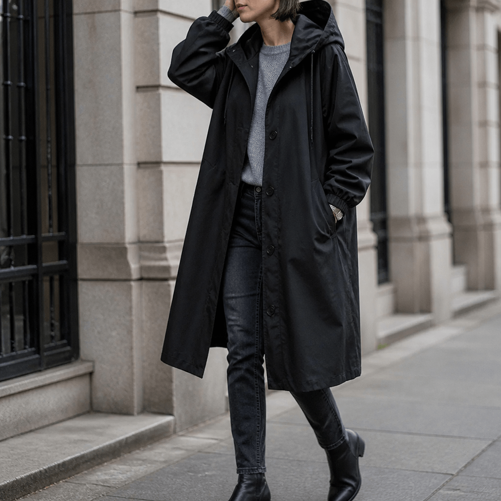 Kapuzen-Midi-Trenchcoat für Damen aus Baumwollmischung mit Kordelzug in der Taille