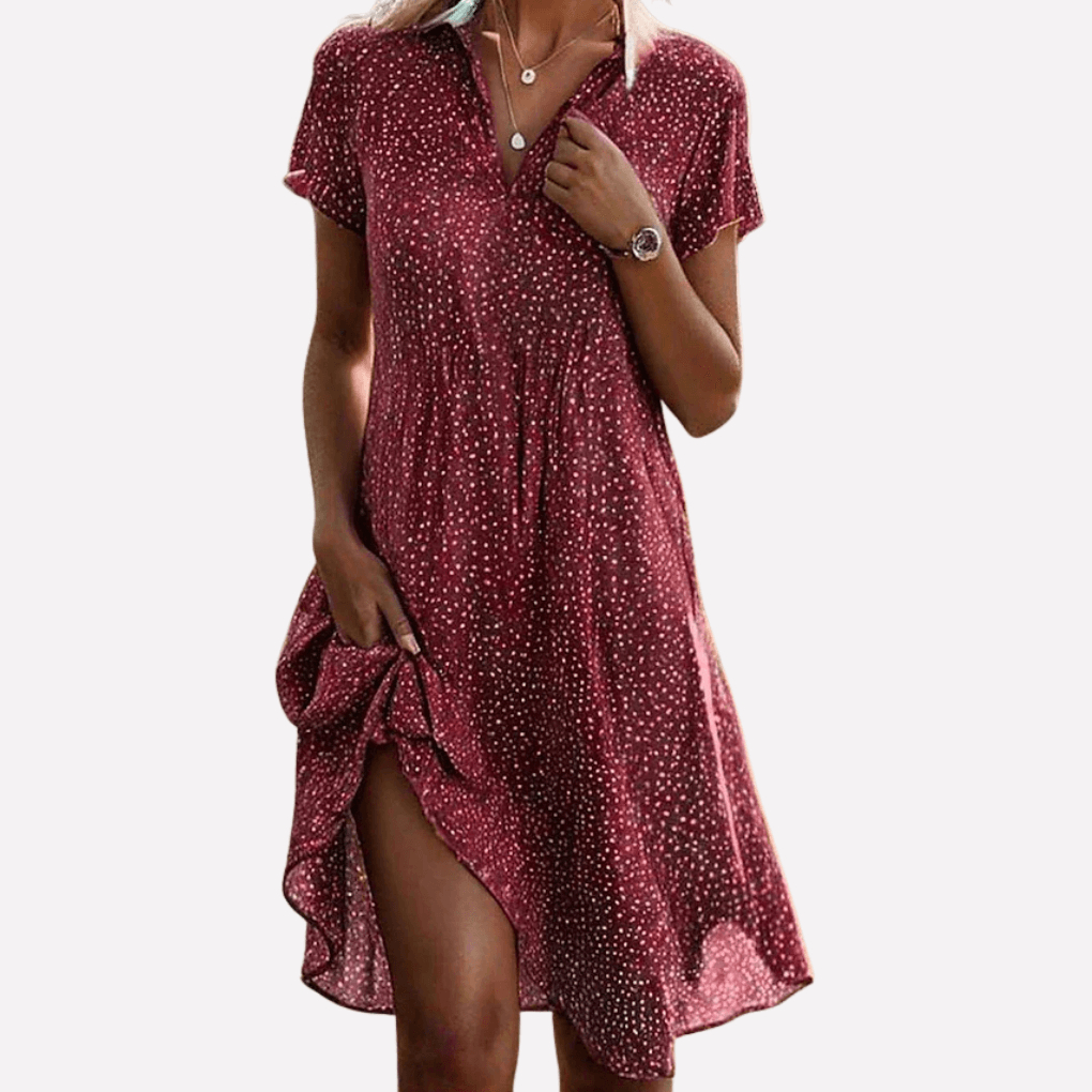 Gepunktetes Kurzarm-Hemdkleid im Midi-Schnitt für Damen im Herbst