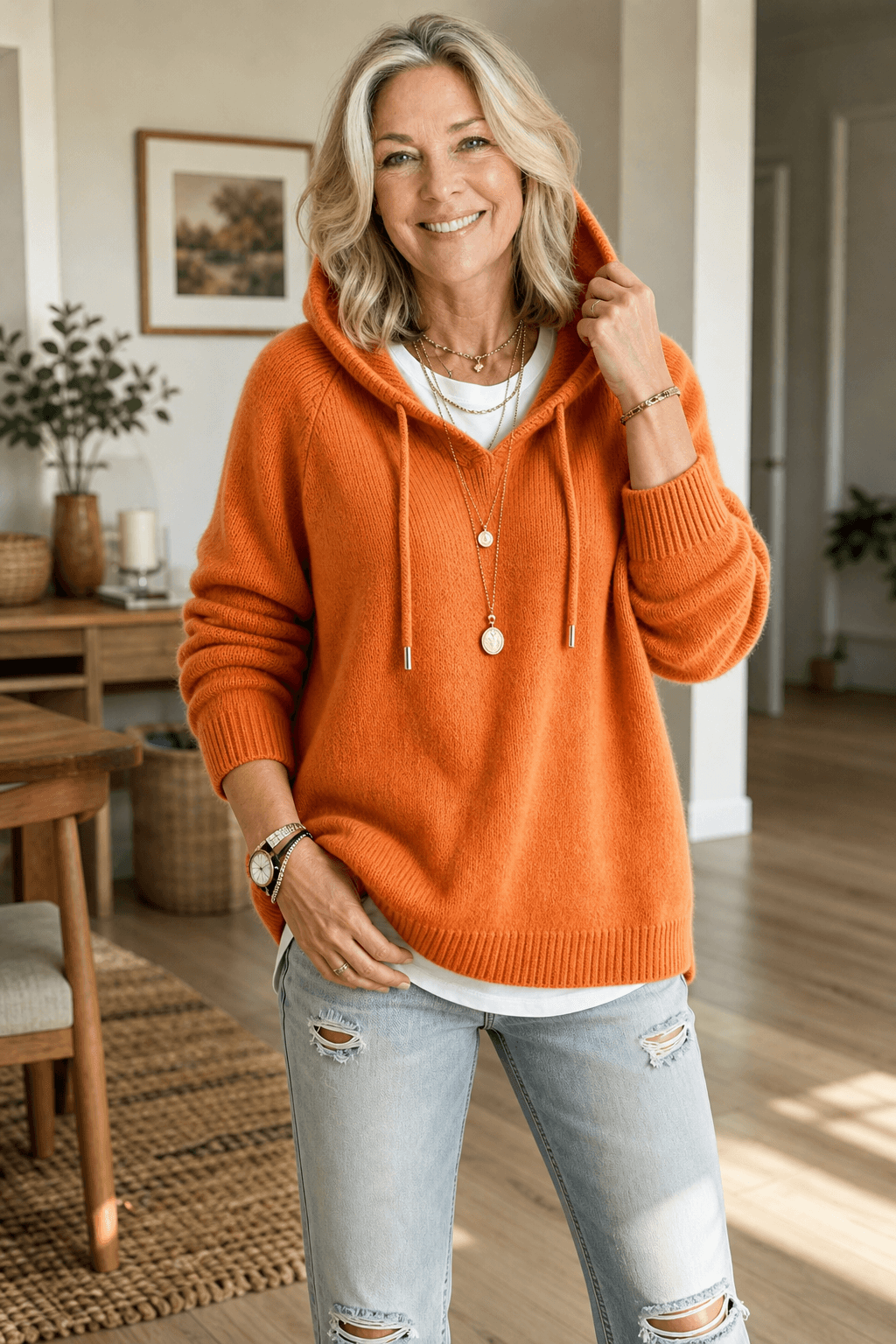 Damen Kapuzenpullover mit Kordelzug und Rippstrick-Struktur