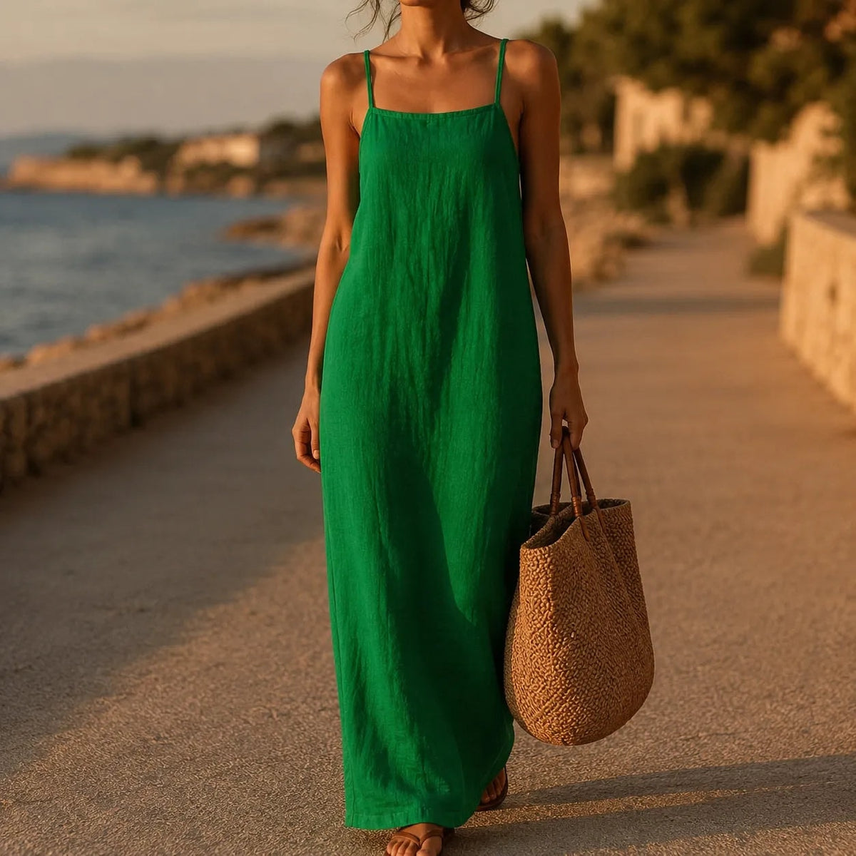 Ärmelloses Leinen-Optik Maxikleid mit Trägern für Damen
