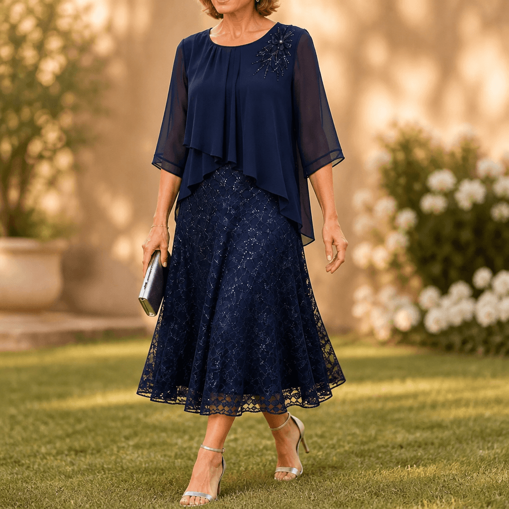 Elegantes Midikleid mit Spitzenoverlay und Chiffonärmeln