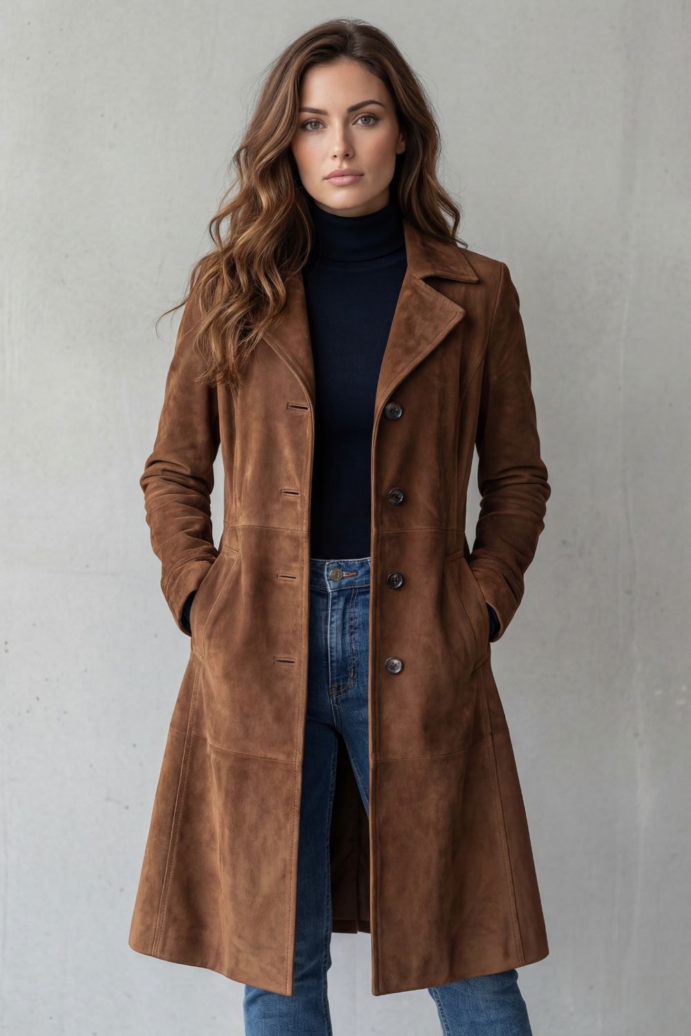 Langer Damenmantel im Wildleder-Look mit Taillenformung