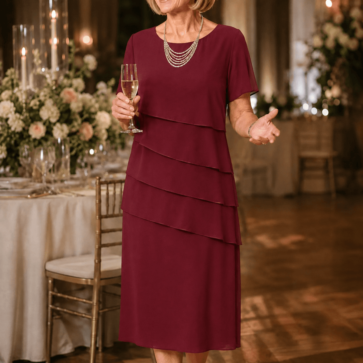 Florenza Gestuftes Damen-Midikleid aus Chiffon-Optik mit Rundhalsausschnitt