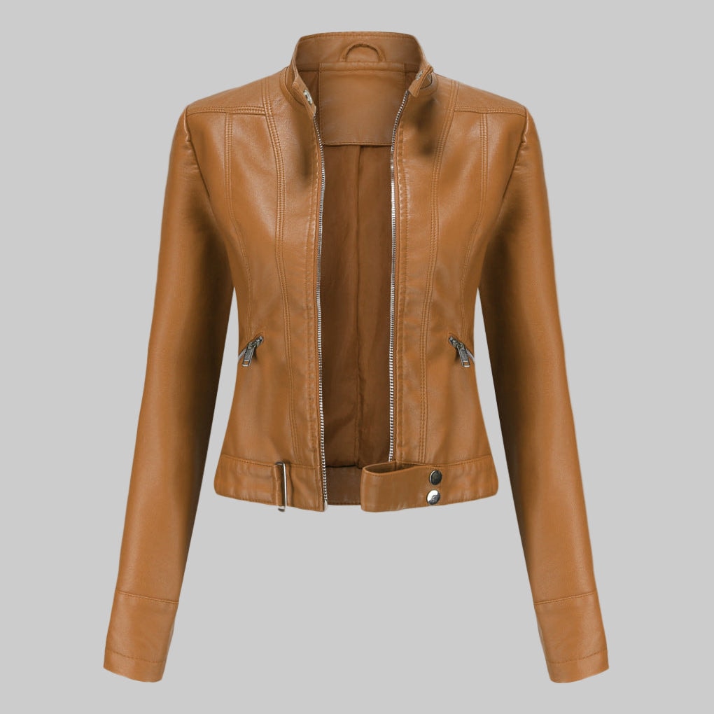 Kunstleder-Bikerjacke mit Stehkragen und durchgehendem Reissverschluss für Damen