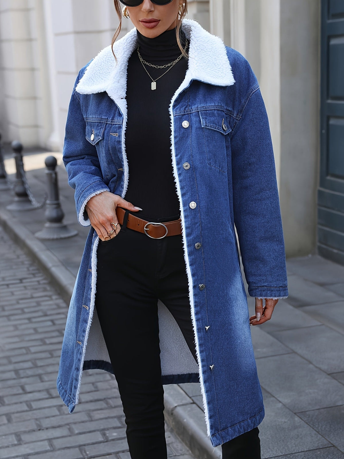 Damen Jeansmantel mit Teddyfutter und Reverskragen Mittellang