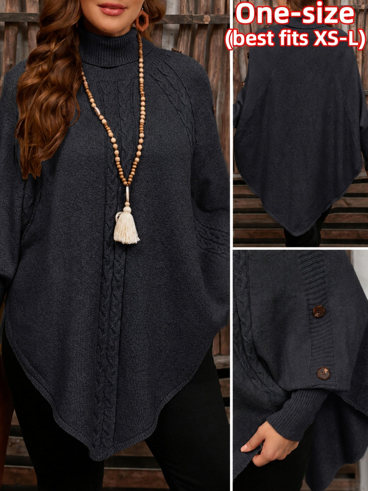 Poncho Pullover mit Rollkragen Zopfmuster und Knopfleiste für Damen
