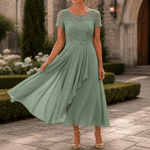 Blumen-Midikleid für Damen aus Spitze mit Chiffon-Rock und kurzen Ärmeln