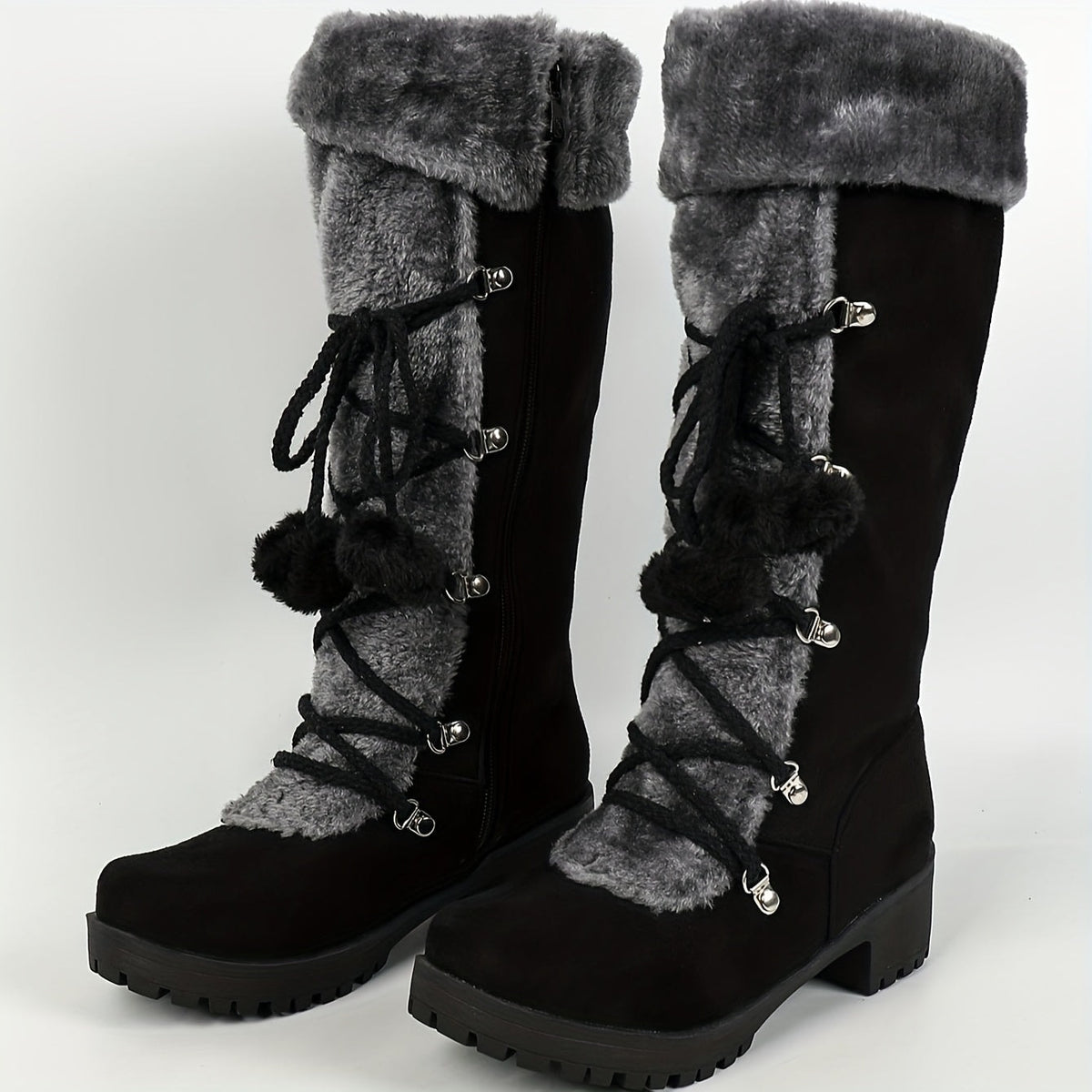 Damen Winterstiefel mit Kunstfell und Zierschnürung mit Pompons