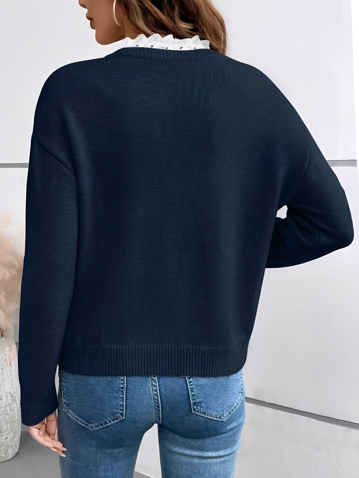 Kaitlyssa Damen Wollpullover mit Spitzenkragen und V-Ausschnitt