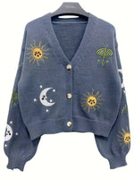 Bestickte Strickjacke Damen mit Sonne Mond Sterne Motiven