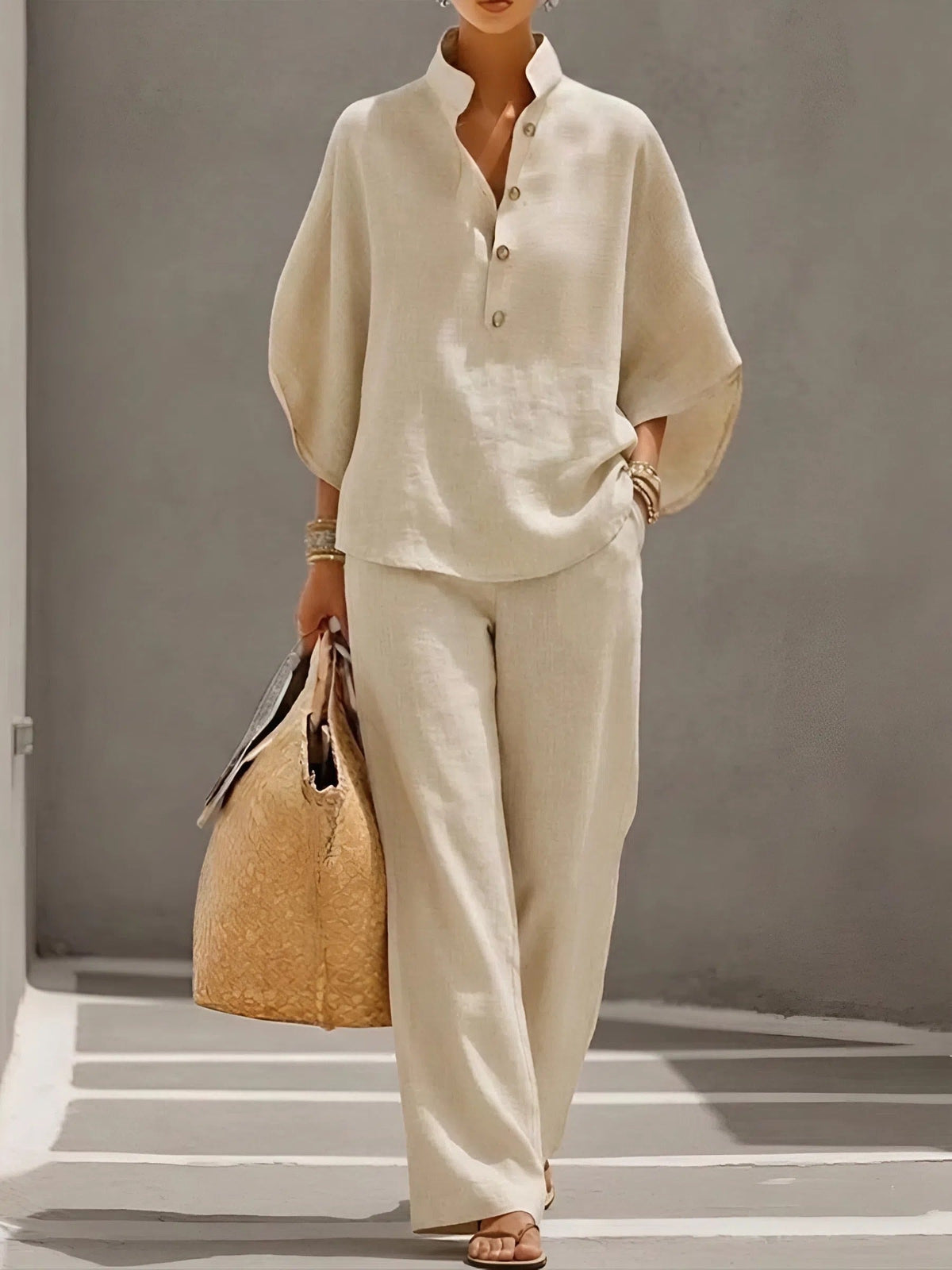Weites Leinen-Zweiteiler-Set mit Stehkragen und Culotte-Hose