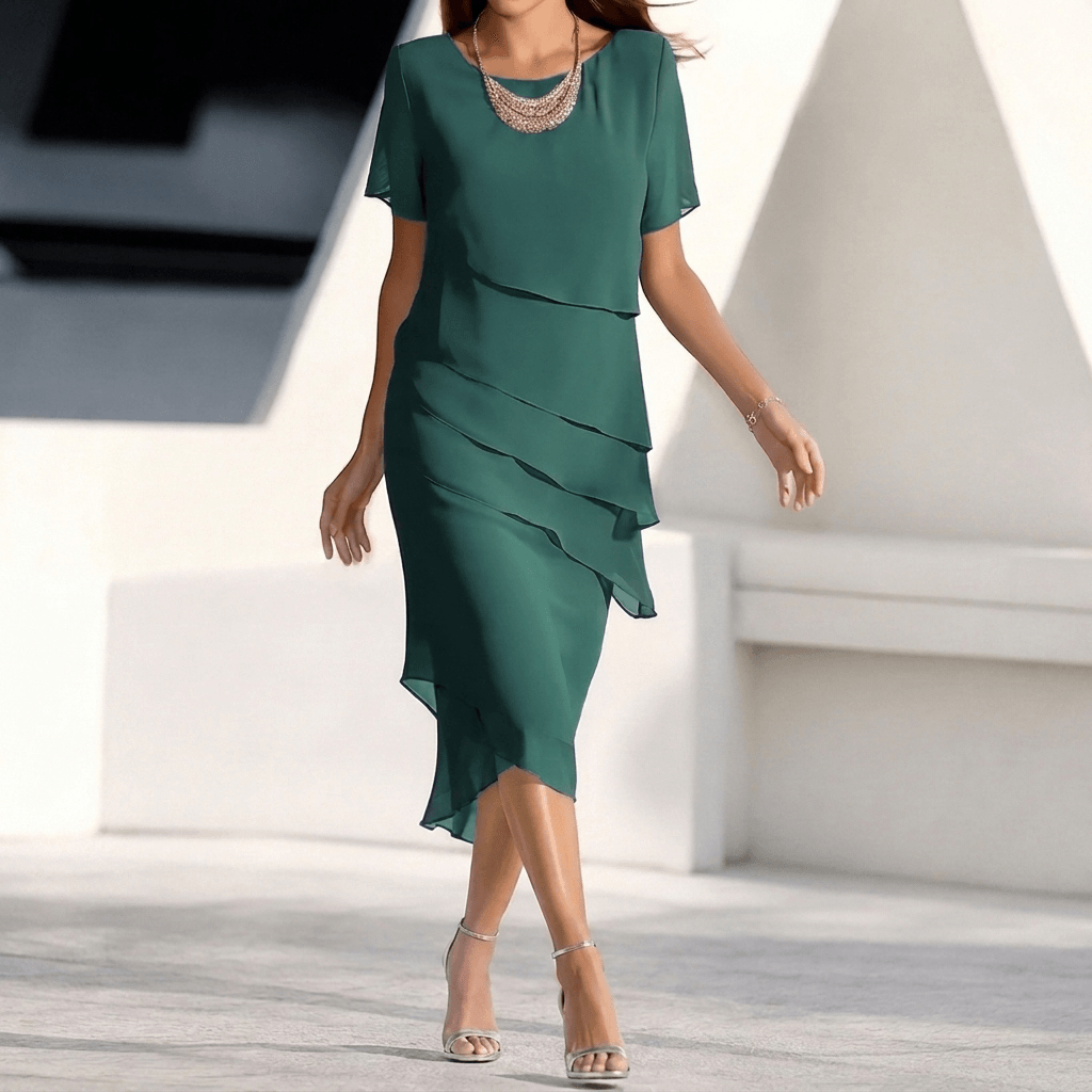 Chiffon-Patchwork-Herbstkleid mit Rundhalsausschnitt und kurzen Ärmeln