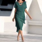 Chiffon-Patchwork-Herbstkleid mit Rundhalsausschnitt und kurzen Ärmeln
