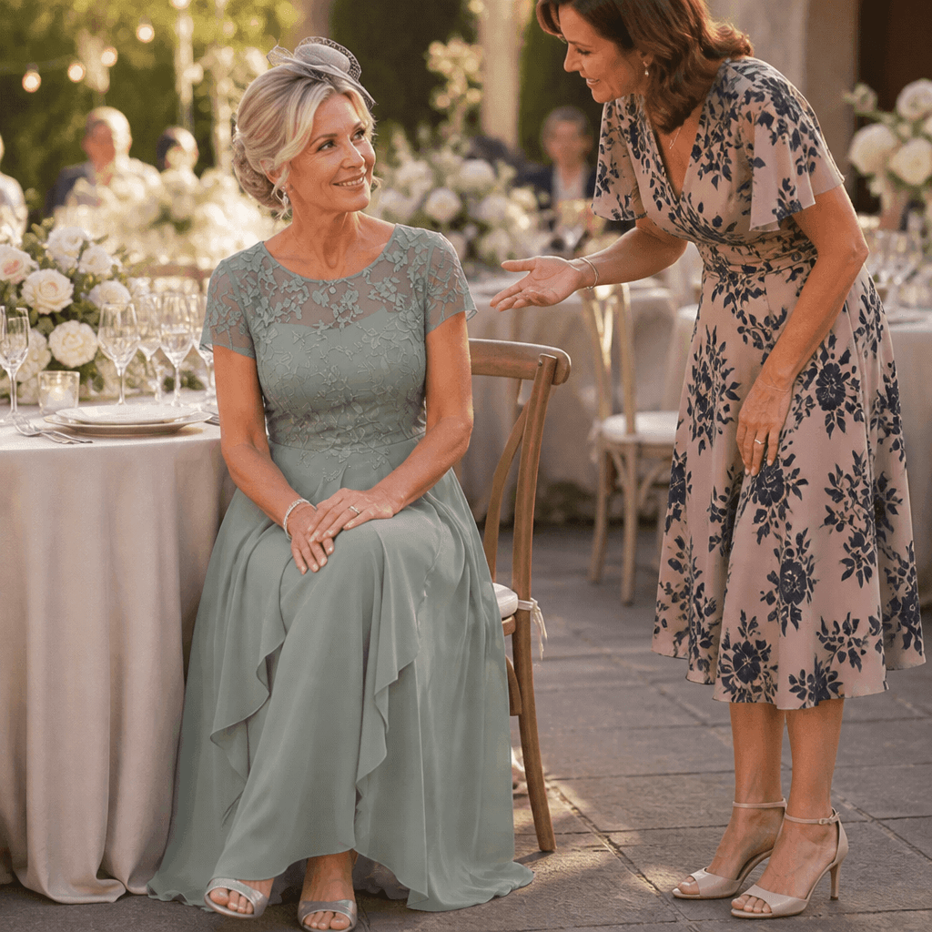 Blumen-Midikleid für Damen aus Spitze mit Chiffon-Rock und kurzen Ärmeln